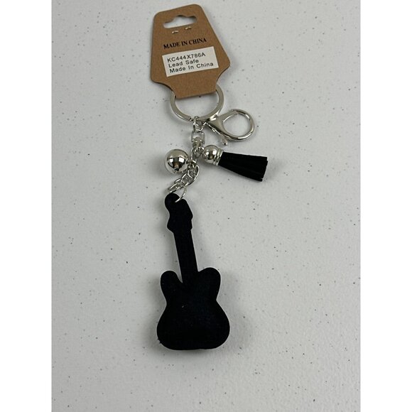 Rhinestone Guitar Keychain With Tassel & Silver Ball Charm Black, Silver - Picture 3 of 4